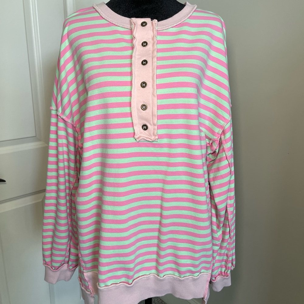 Unbranded Striped Henley Pullover Oversized Raw Edge Sweatshirt Size L Boho